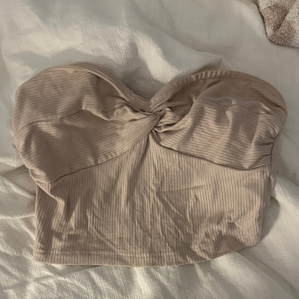 SHEIN Tan Ribbed Twist Front Top